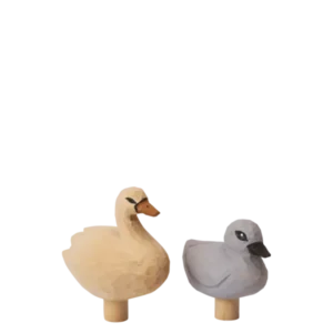 Loopi Figurines in multi, set of two carved swan and duckling on peg bases