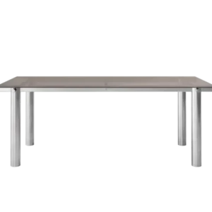 Atura Dining Table in brushed stainless steel with dark tinted glass top