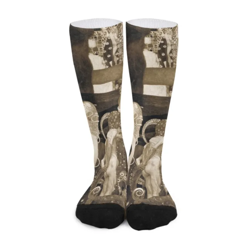 Jurisprudence by Gustav Klimt unisex long art socks shown as a complete pair with the artwork divided across both socks
