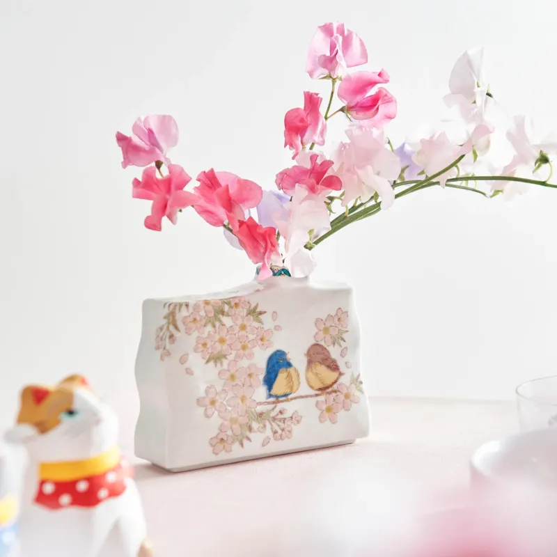 Sakura and Sparrows Japanese Flower Vase