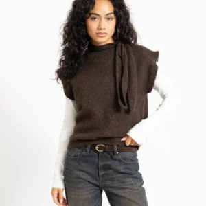 Topshop Cassi Knitted Tie Neck Top Knit Chocolate Brown