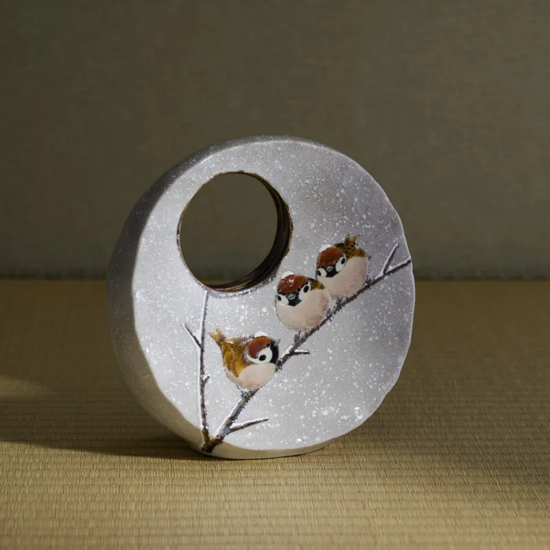 Snow and Sparrows Round-Window Japanese Flower Vase
