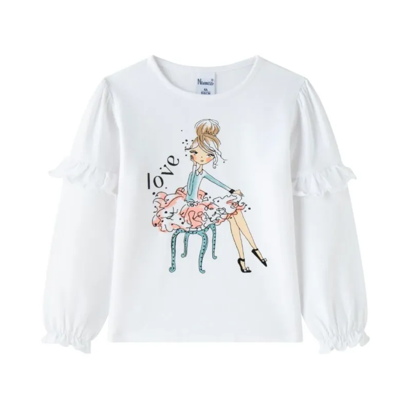 T-Shirt mit Rüschen und Print weiß