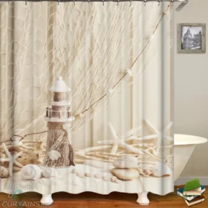 Beach Nautical Shower Curtains of Decorative Starfish Seashells And Lighthouse