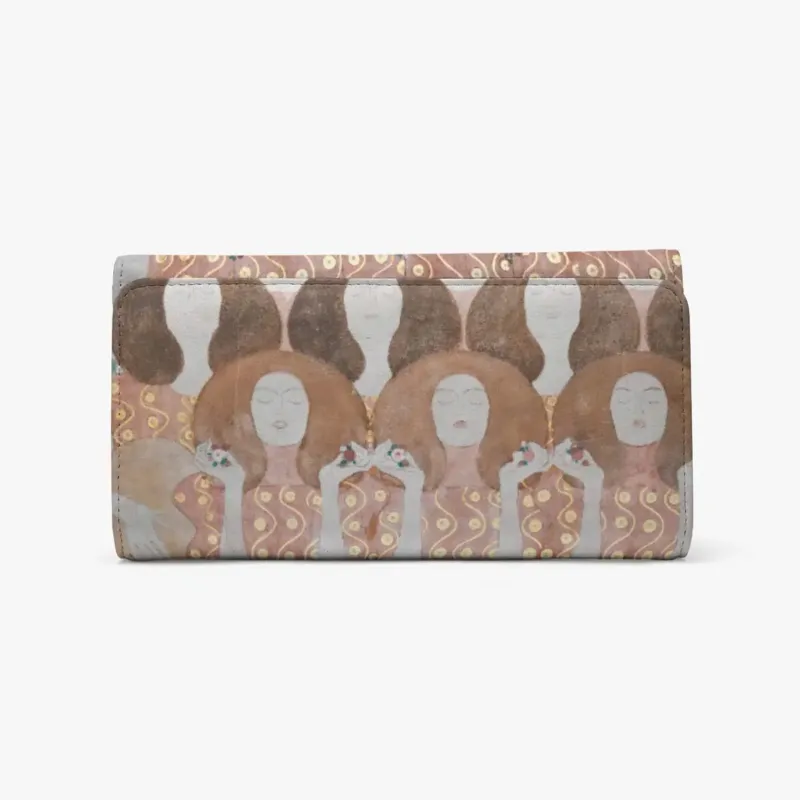Beethoven Frieze Part 2 Long Flap Wallet by Gustav Klimt, front view showing stylized female figures with rounded brown hair and floral details