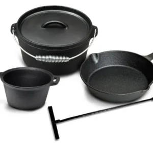 Blackwell Dutch Oven BBQ Set Gusseisen - Bräter + Lifter, Bratpfanne ø 20 cm & Steelpan 18 cm - 4-teilig