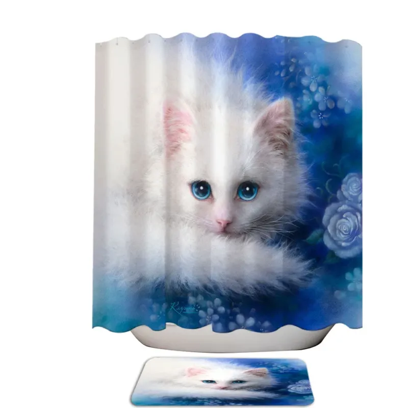 Cat Painting Shower Curtain Blue Eyes White Lady Kitty