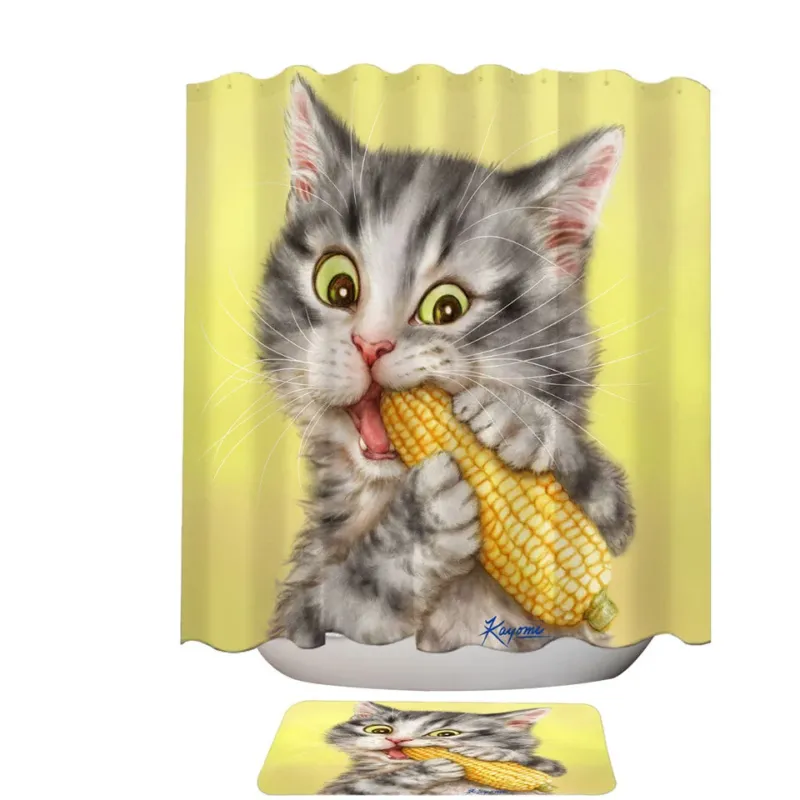 Cats Funny Art Painting Grey Tabby Eating Corn shower Curtain