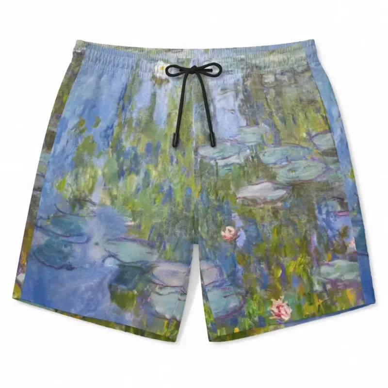 Claude Monet Water Lilies beach shorts front view with French Impressionist pond artwork print on white background.