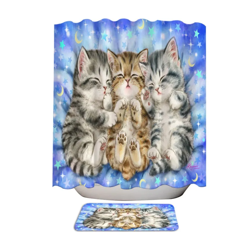 Cute Cats Nap Time Three Sweet Kittens Shower Curtains for Kids Bathroom