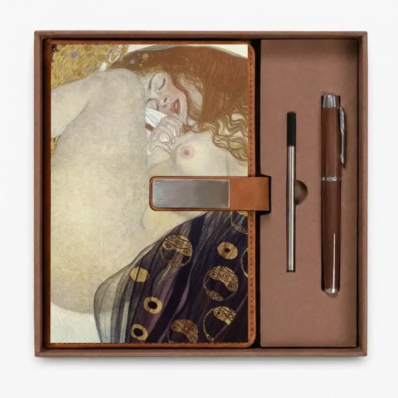 Open presentation box with the Brown Danaë by Gustav Klimt notebook and matching refillable metal pen, gallery view 1