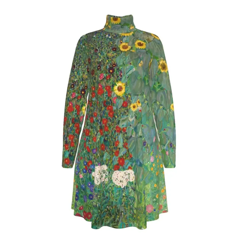 Gustav Klimt Farm Garden with Sunflowers high neck dress front view