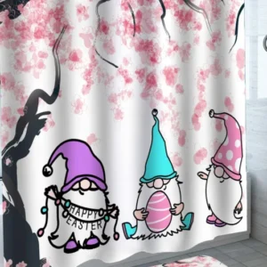 Holiday Shower Curtains Happy Easter Gnome Dwarf under Cherry Blossom