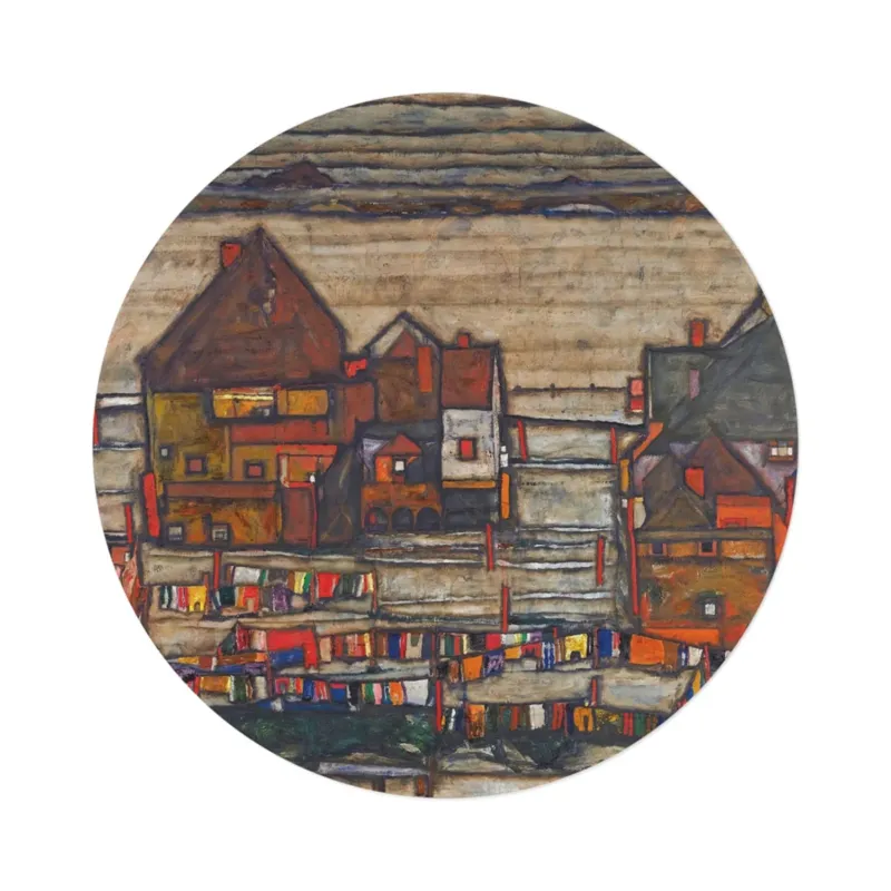 Houses with Colorful Laundry by Egon Schiele on a round mat, product photo on white