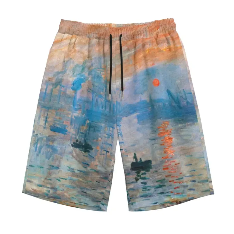 Front view of Impression Sunrise by Claude Monet cotton casual shorts with high-resolution Impressionist artwork print