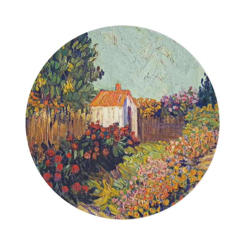 Van Gogh-style landscape round mat, top view on white background