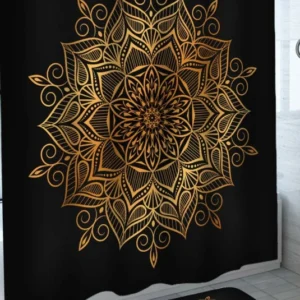 Oriental Shower Curtain Black Background Gold Mandala