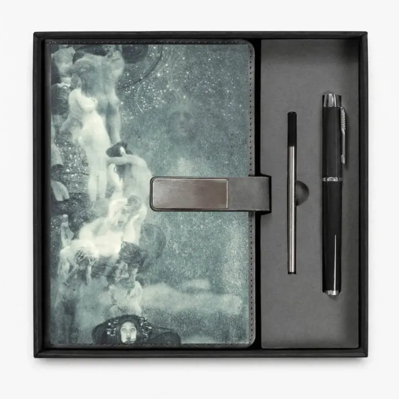 Product detail graphic for the Gray Philosophy notebook gift set showing the lined notebook, refillable pen, closure and dimensions, gallery view 1