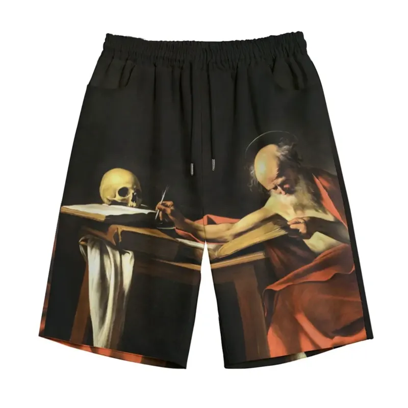 Front view of Saint Jerome Writing by Caravaggio cotton casual shorts with high-resolution Baroque artwork print