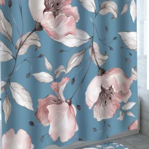 Shower Curtains with Pinkish Flowers over Blue