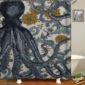 Shower Curtains of Vintage Octopus Flowery Background