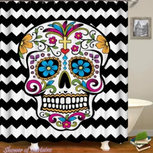 Sugar Skull Shower Curtain Design - Sugar Skull Black & White Chevron