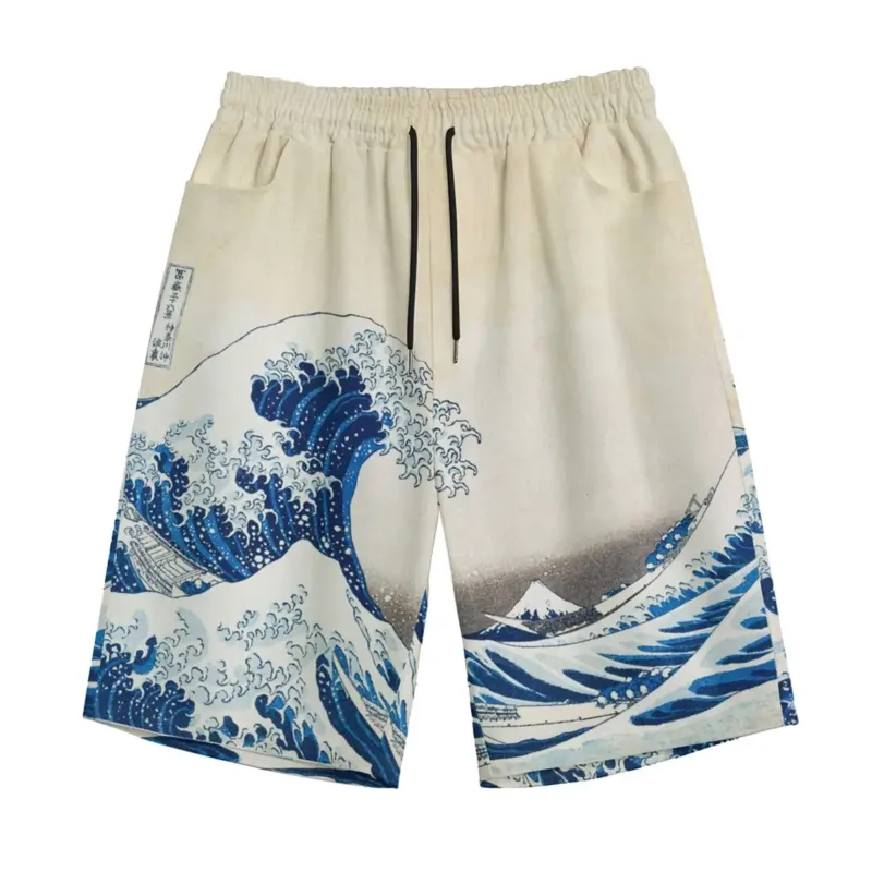 The Great Wave off Kanagawa by Hokusai cotton casual shorts, front view with blue wave artwork print
