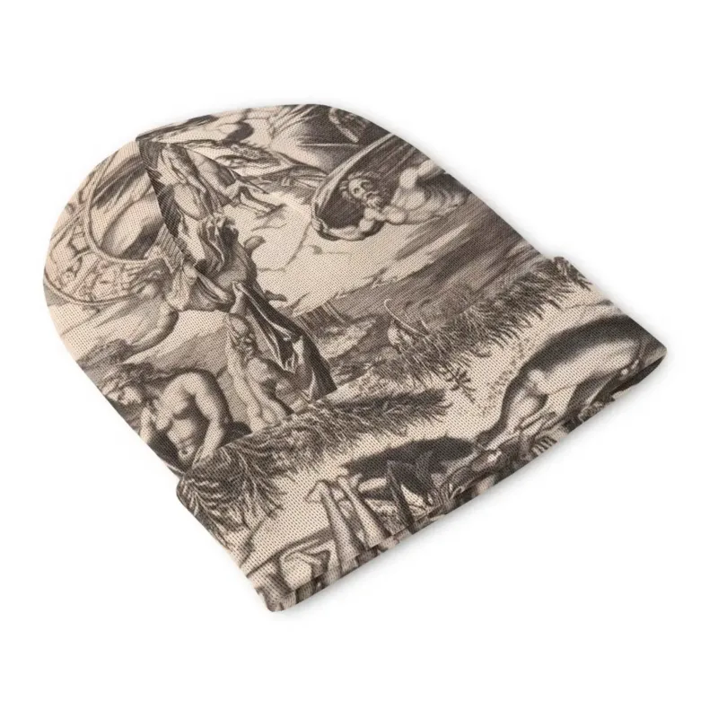 Front view of The Judgment of Paris beanie with seated figures beneath tall trees and dense black linework extending across the folded cuff.