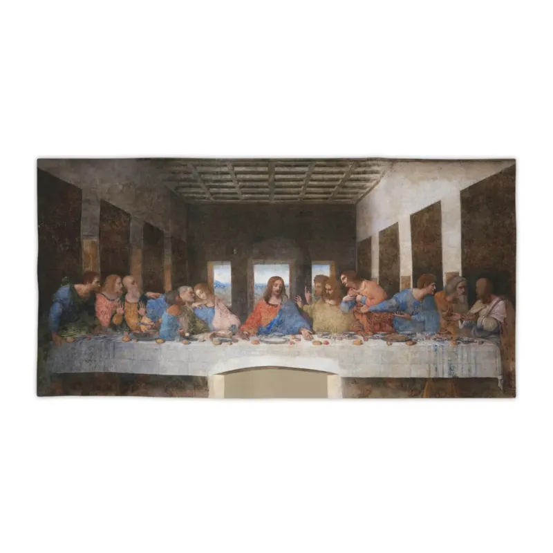 The Last Supper beach towel by Leonardo da Vinci shown as a rectangular product image on white background