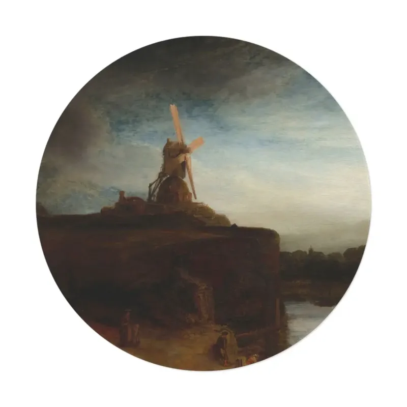 The Mill by Rembrandt round mat placed in a softly lit living room