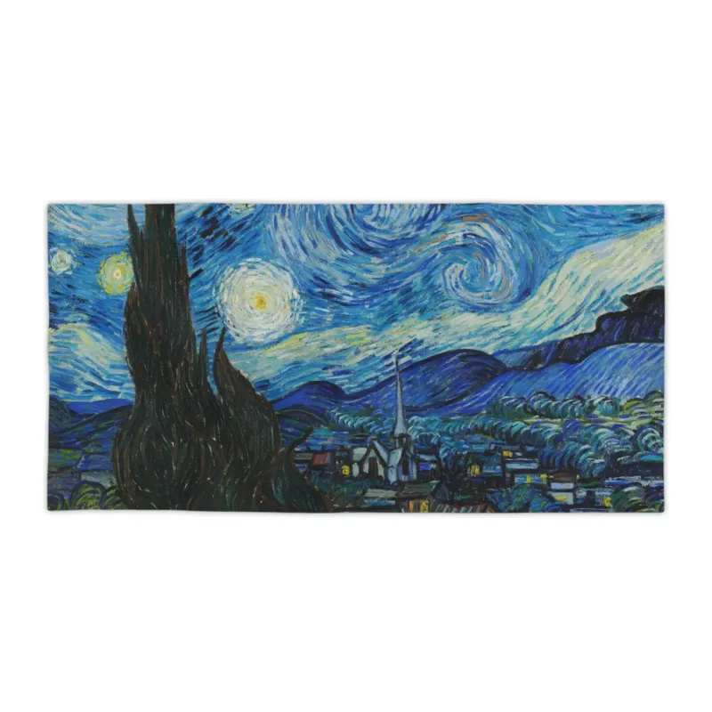 The Starry Night beach towel by Vincent van Gogh shown as a rectangular product image on white background