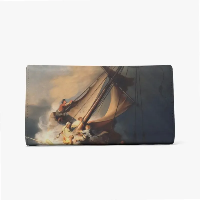 Back of The Storm on the Sea of Galilee Long Flap Wallet showing sailors, a tilted mast and crashing sea spray
