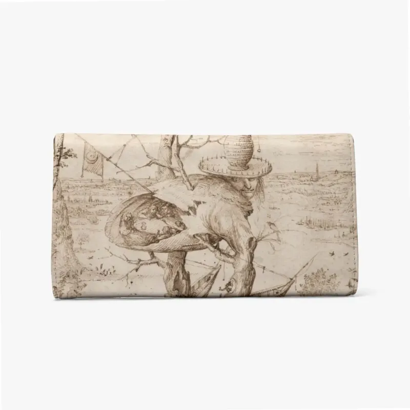 Back of The Tree-Man Long Flap Wallet showing an owl on bare branches, a ladder with small figures and distant landscape