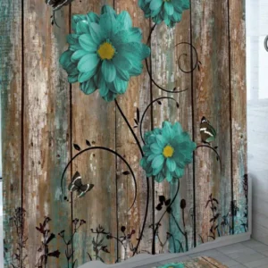 Trendy Shower Curtains with Turquoise Flowers and Butterflies on Wood Deck
