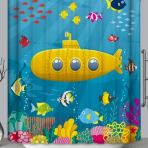 Underwater Themed Shower Curtain Yellow Submarine Multi Colored Coral and Fish