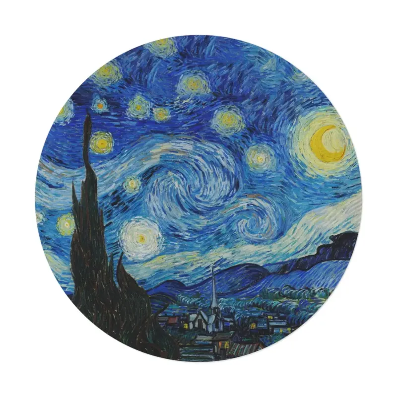 Starry Night inspired round mat styled in modern living room