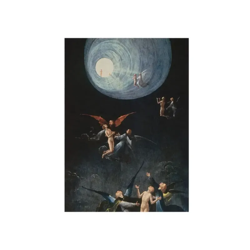 Ascent of the Blessed by Hieronymus Bosch Floor Mat transforming a contemporary meditation space with its luminous tunnel of light and transcendent spiritual imagery