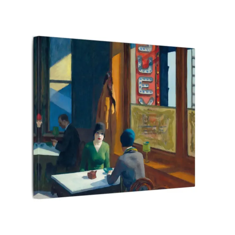 Chop Suey by Edward Hopper stretched canvas shown at an angle with restaurant figures, window light, and red signage