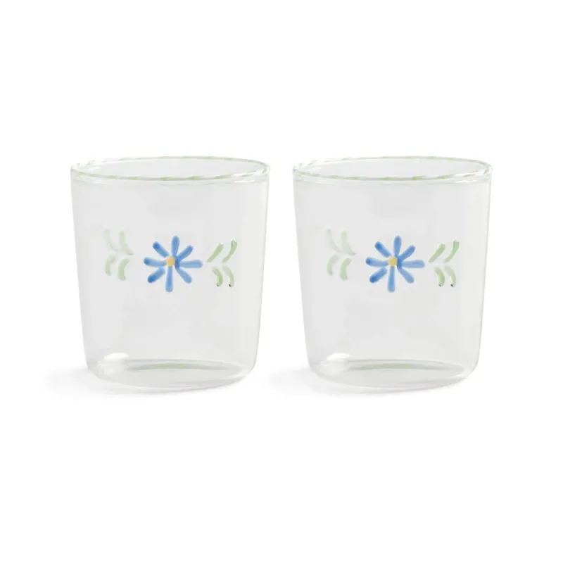 &Klevering - Glas flora blauw set van 2 Drinkglazen &Klevering