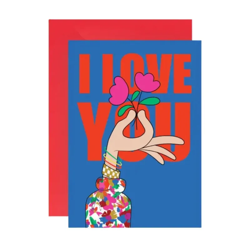 Postkarte mit Umschlag 'I Love You' blau/rot Hochformat