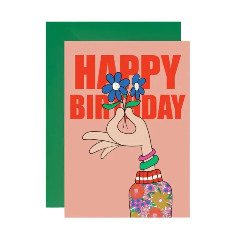 Postkarte mit Umschlag 'Happy Birthday Hand' rosa/grün Hochformat