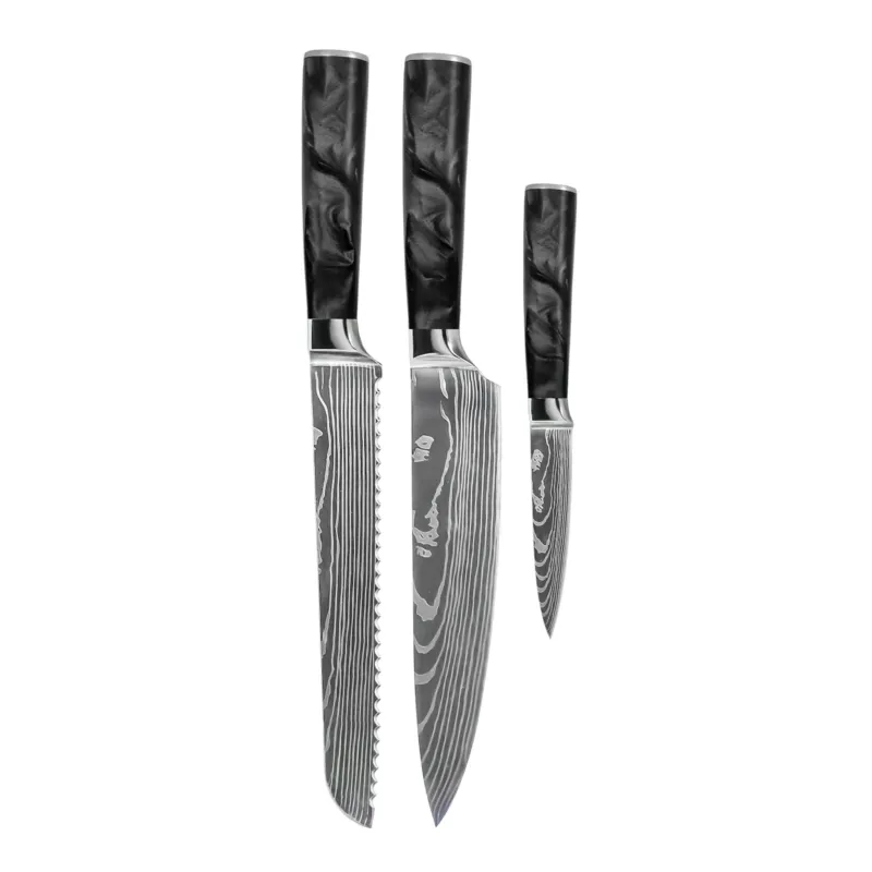 Shinrai Knives - Damascus Print Epoxy Onyx 3-delige Messenset - Koksmes + Broodmes + Schilmes Messenset Shinrai Knives