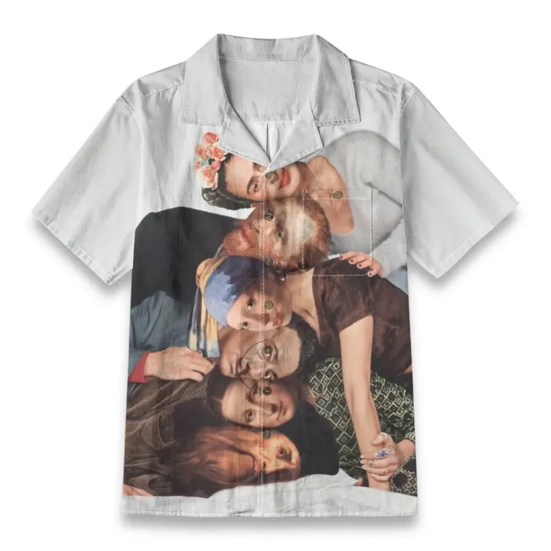 Men wearing sophisticated Hawaiian shirt with famous artists collection print showing art history masterpieces design